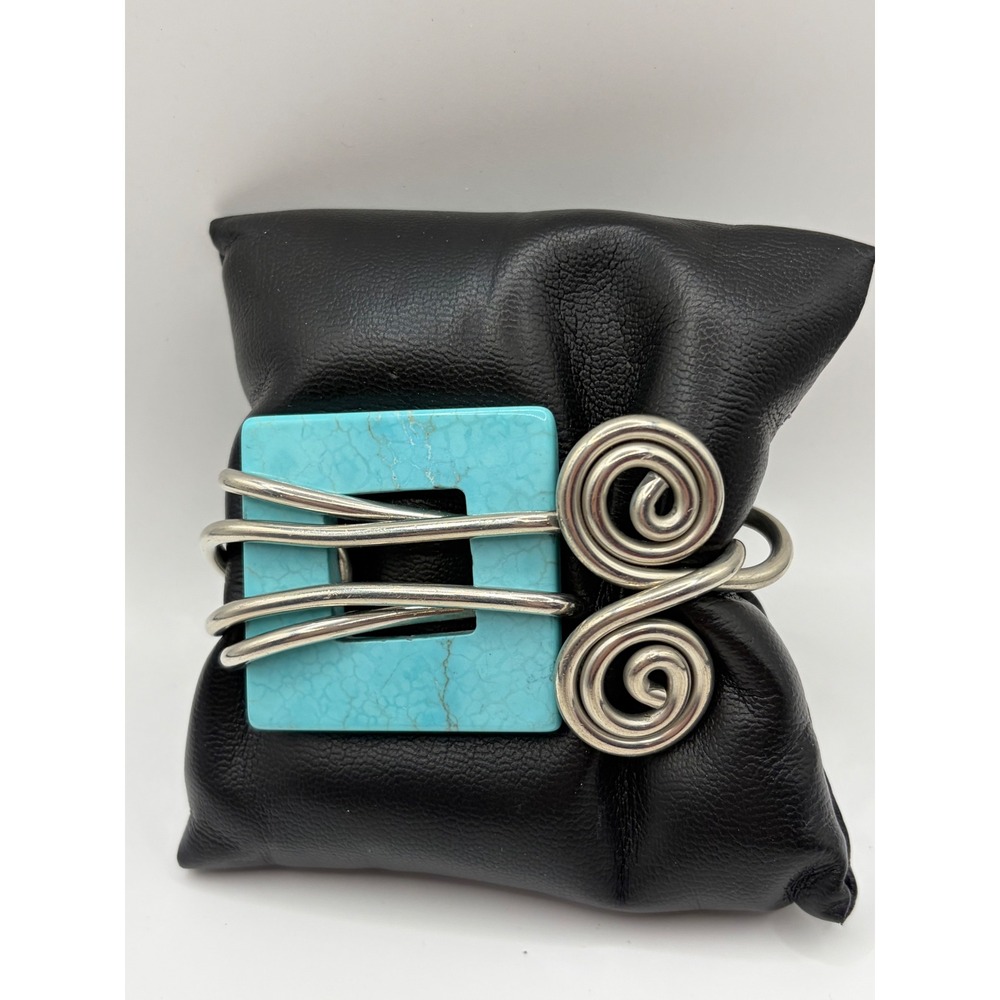 Artisan Turquoise Stone Wire Wrapped Spiral Cuff Bracelet Silver Tone Boho
